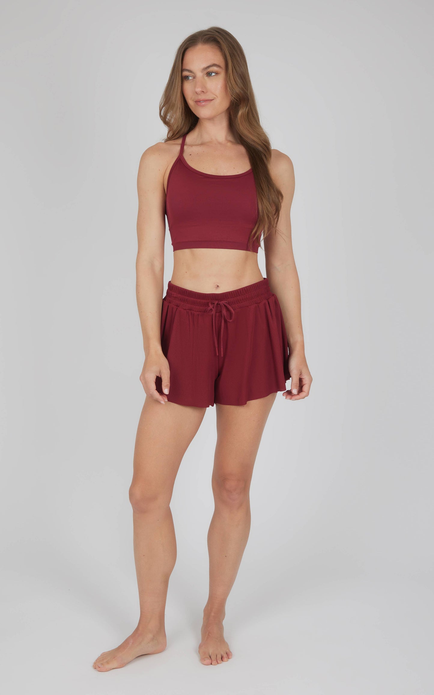 Women's Seamless Strappy Back Bra and Running Shorts - Set: GREEN MILIEU