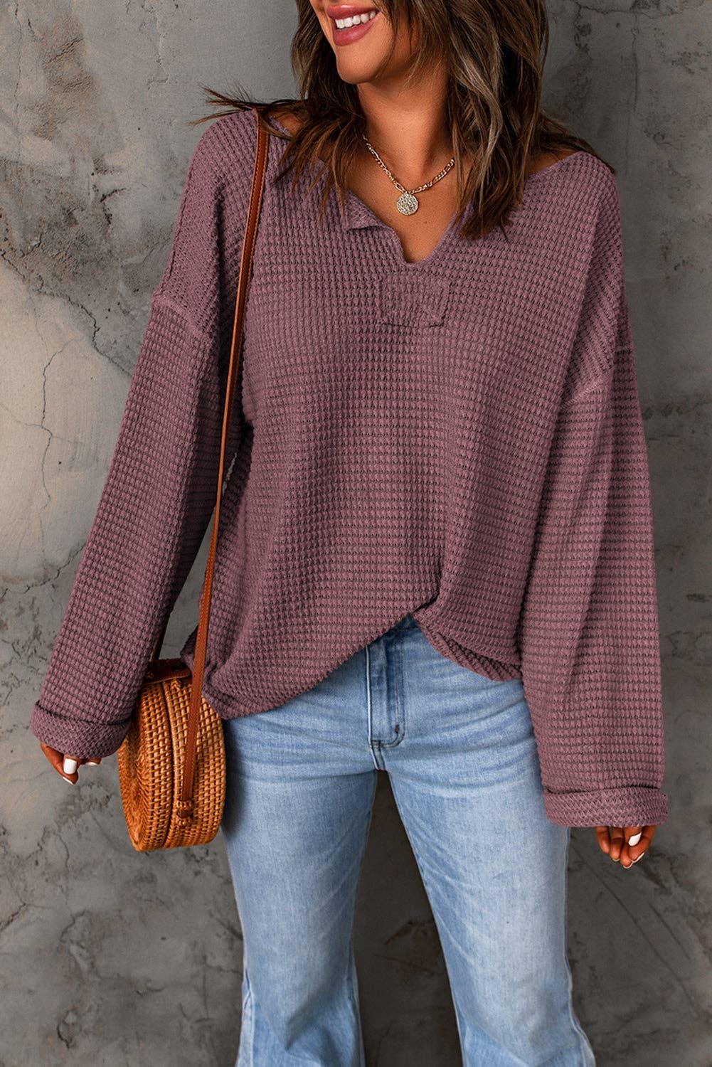 Purple Waffle Knit Loose Long Sleeve Top: Purple / 95%Polyester+5%Elastane / L