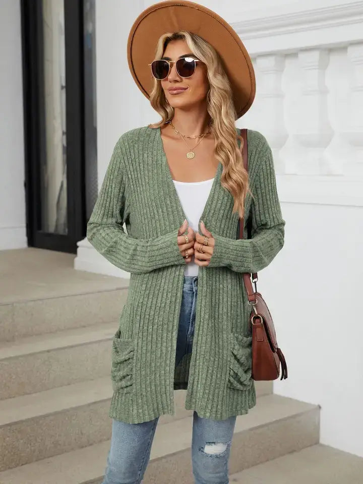 Solid Knit Long Sleeve Pocket Open Front Cardigan: Khaki / 65%Rayon +30%Polyester+ 5%Spandex / 2XL