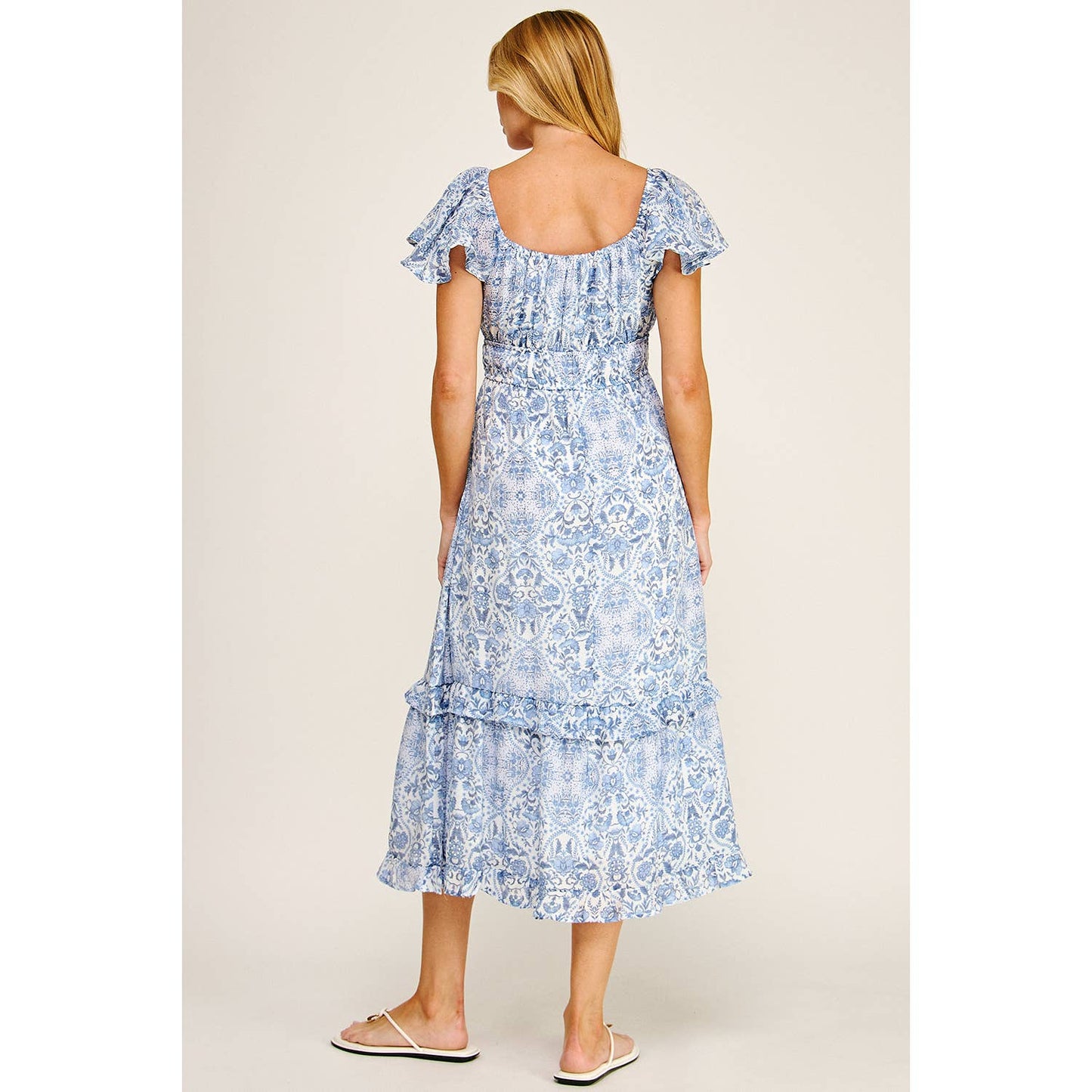 FLUTTER SLEEVE FLORAL TIERED MIDI DRESS: I/P/O / XL
