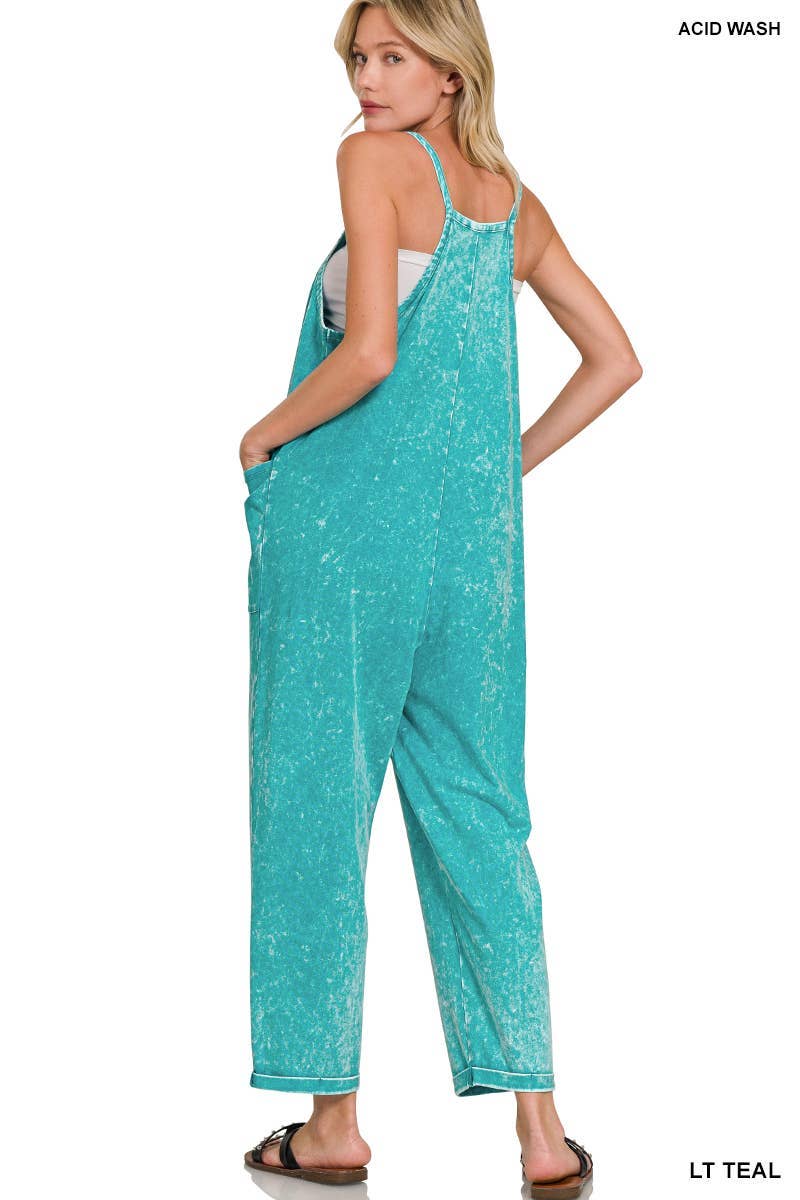 Washed Spaghetti Straps Overalls With Pockets: B LAVENDER