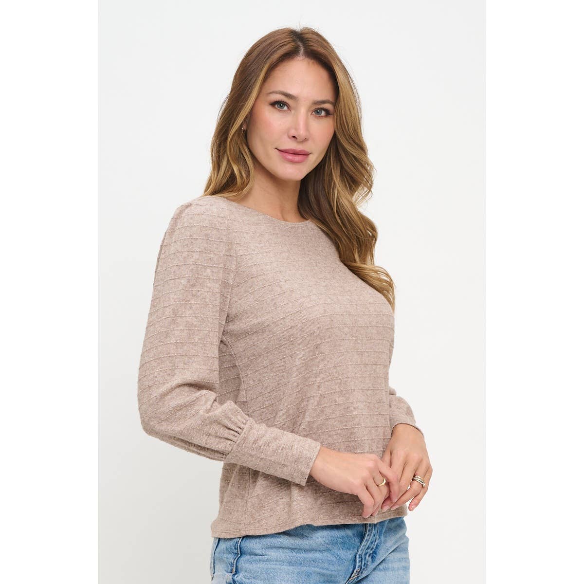 BIG CUFF POINTELLE RIBBED LONG SLEEVE TOP: Oat Mocha / L