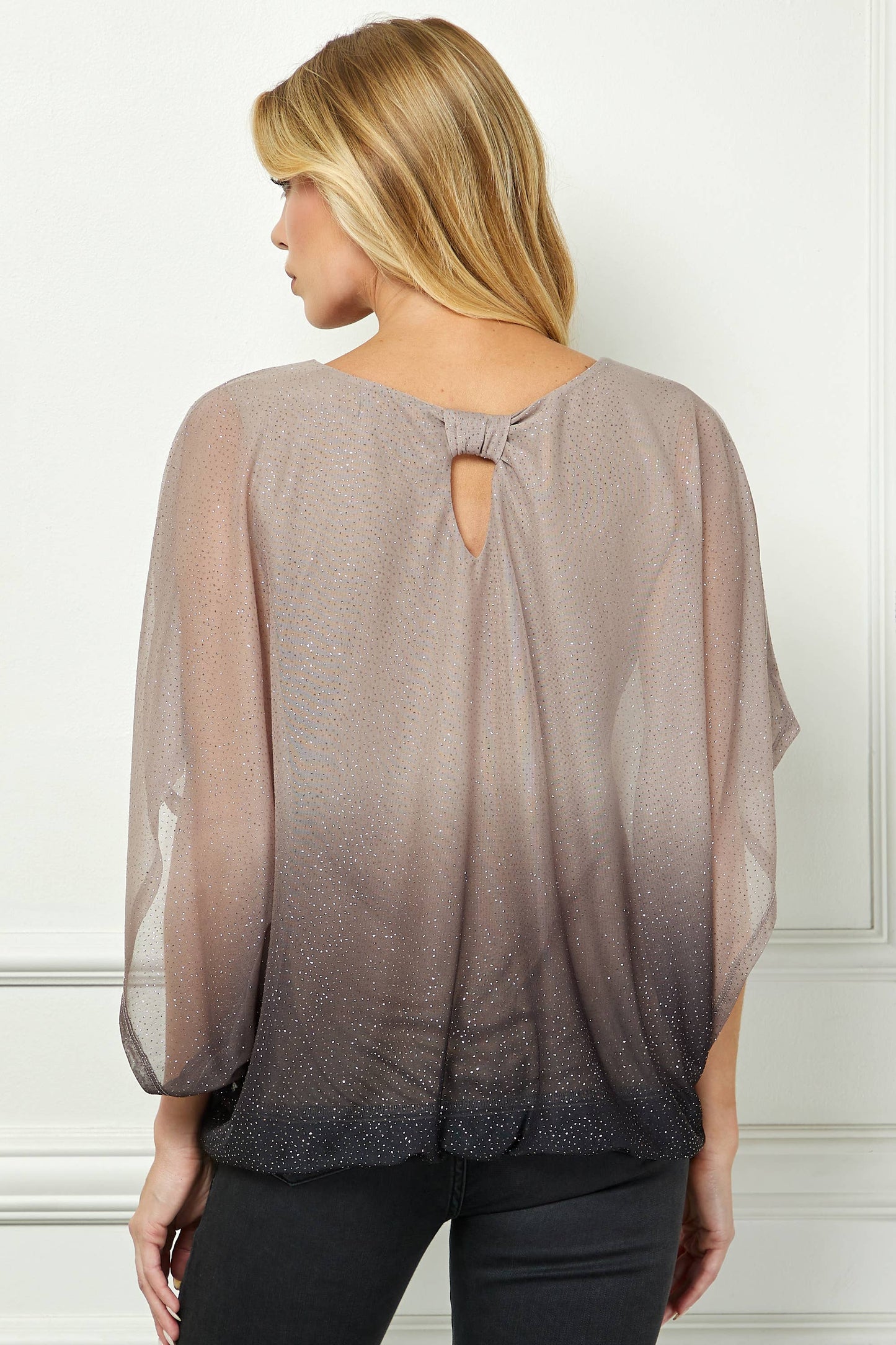 LUMINOUS GRACE DOLMAN BUBBLE BLOUSE: Stone/Black/Rose / S