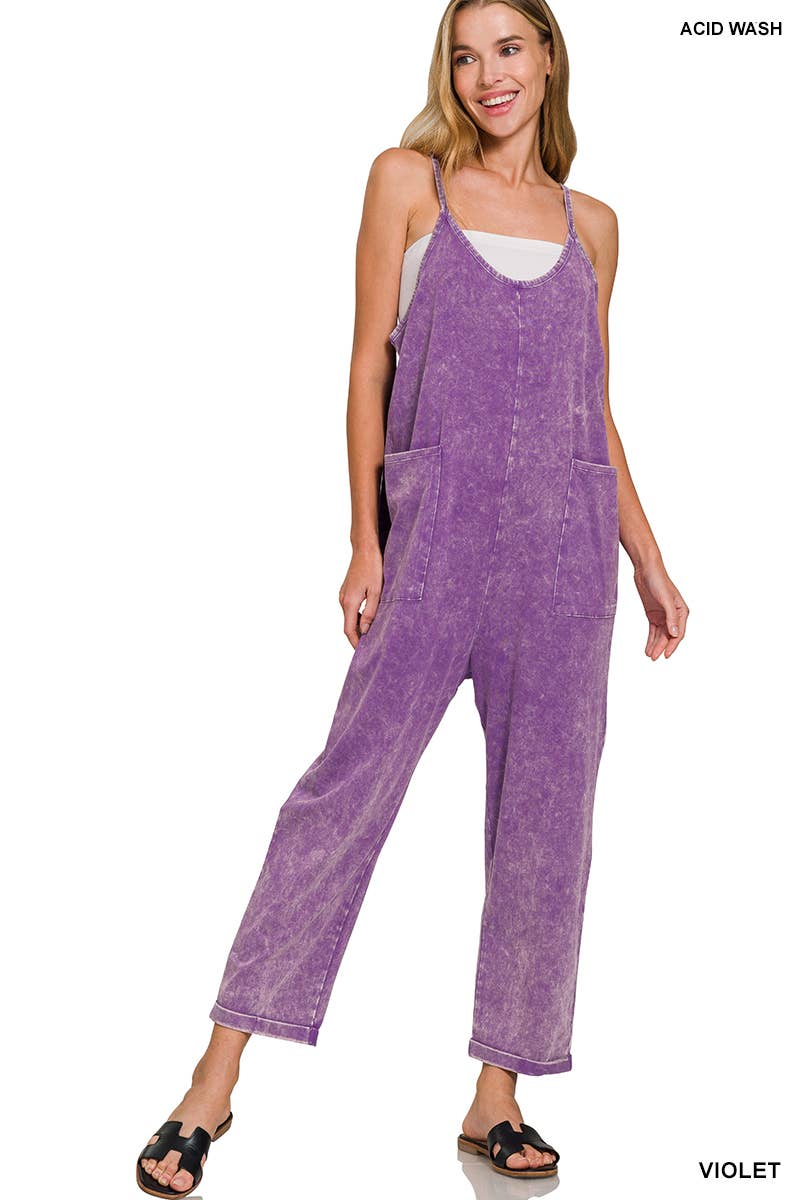 Washed Spaghetti Straps Overalls With Pockets: B LAVENDER