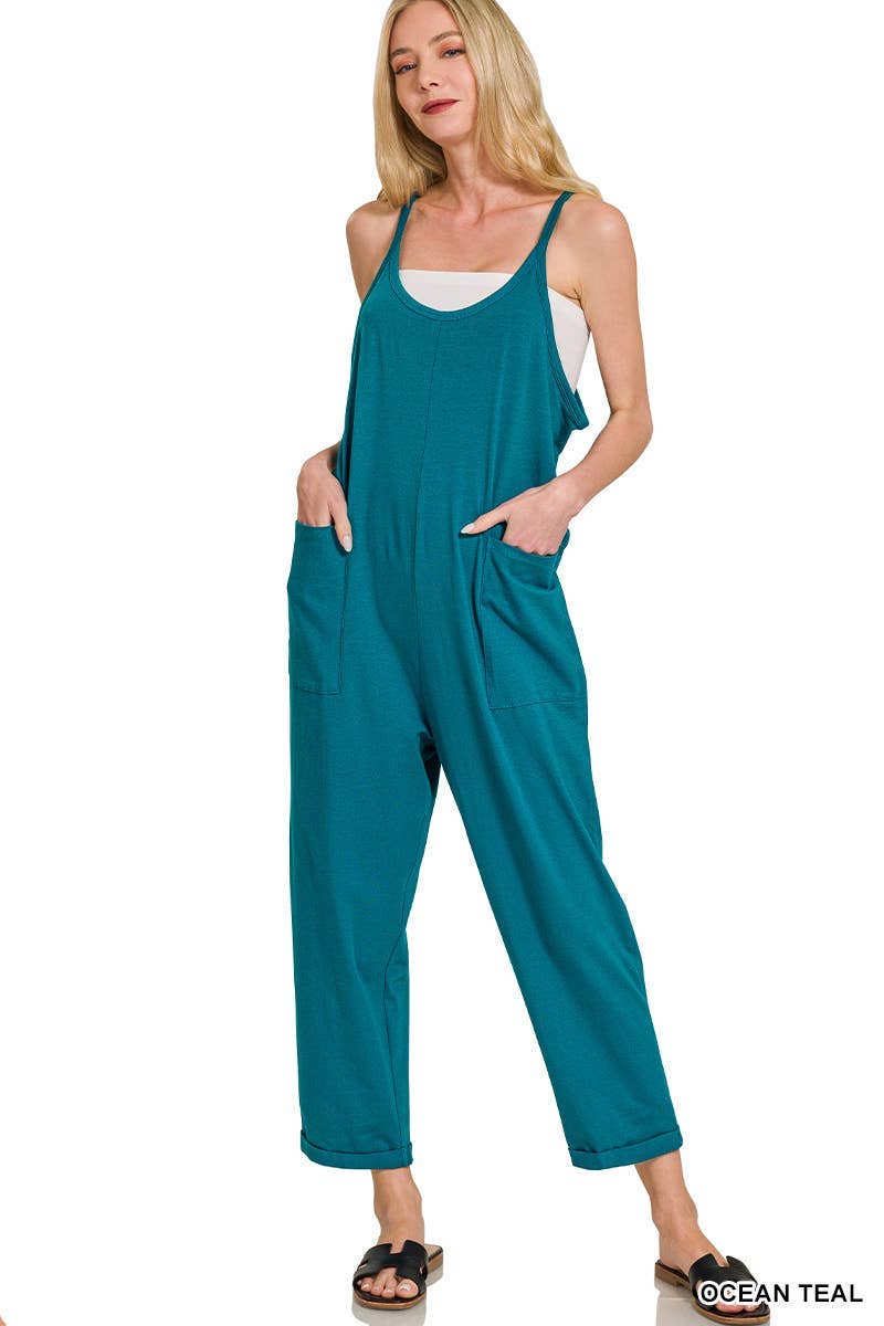 Spaghetti Strap Pocketed Jumpsuit: H LT TEAL]