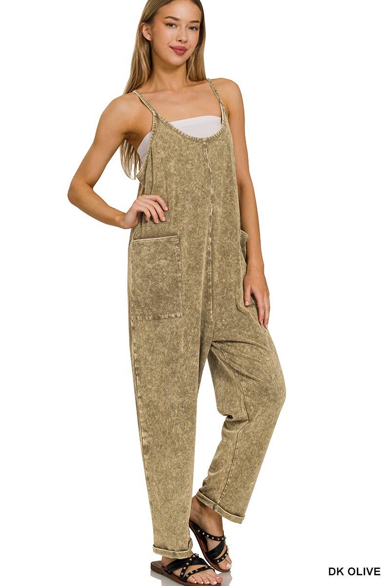 Washed Spaghetti Straps Overalls With Pockets: B LAVENDER