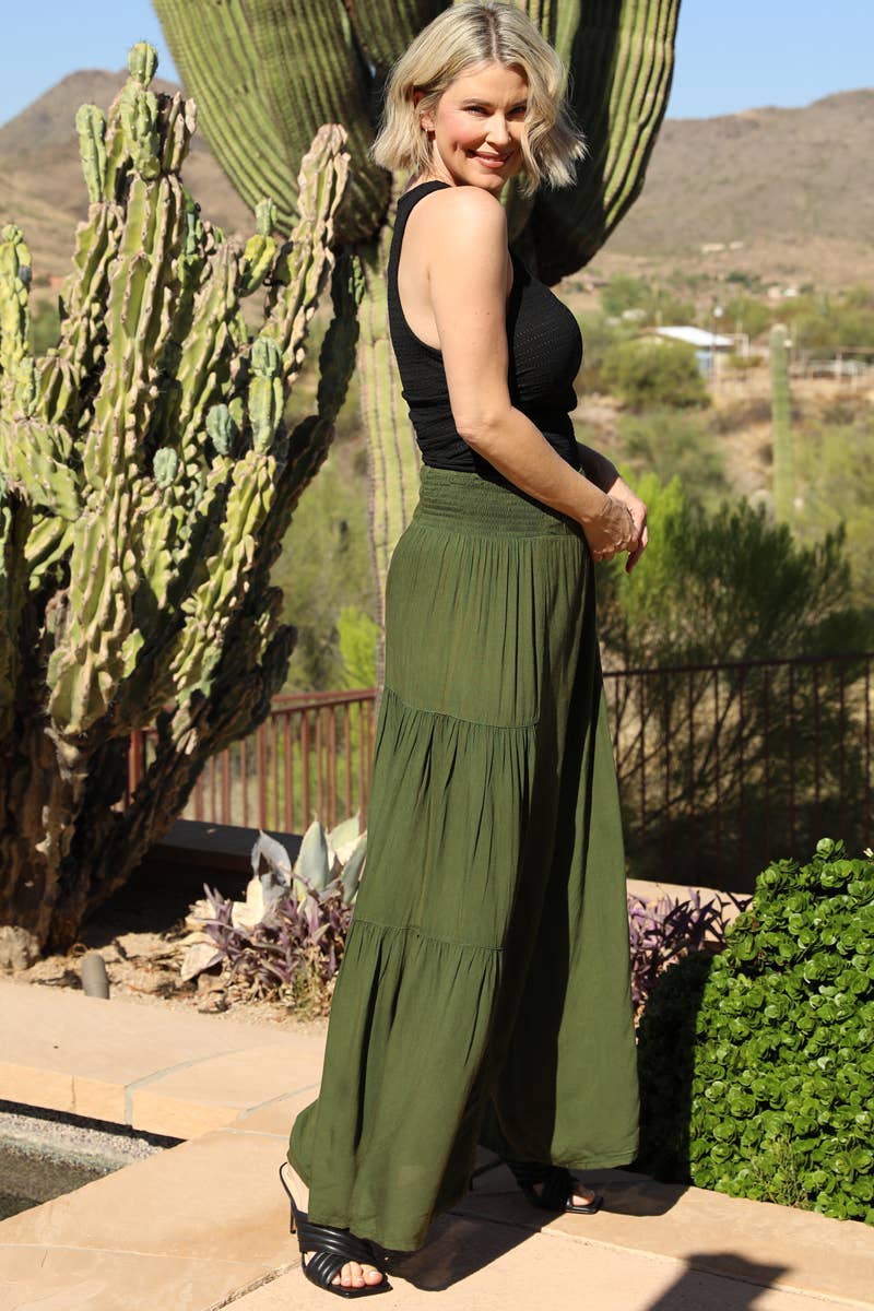 L ACID WASH TIERED WIDE LEG PANTS: CHOCOLATE / L