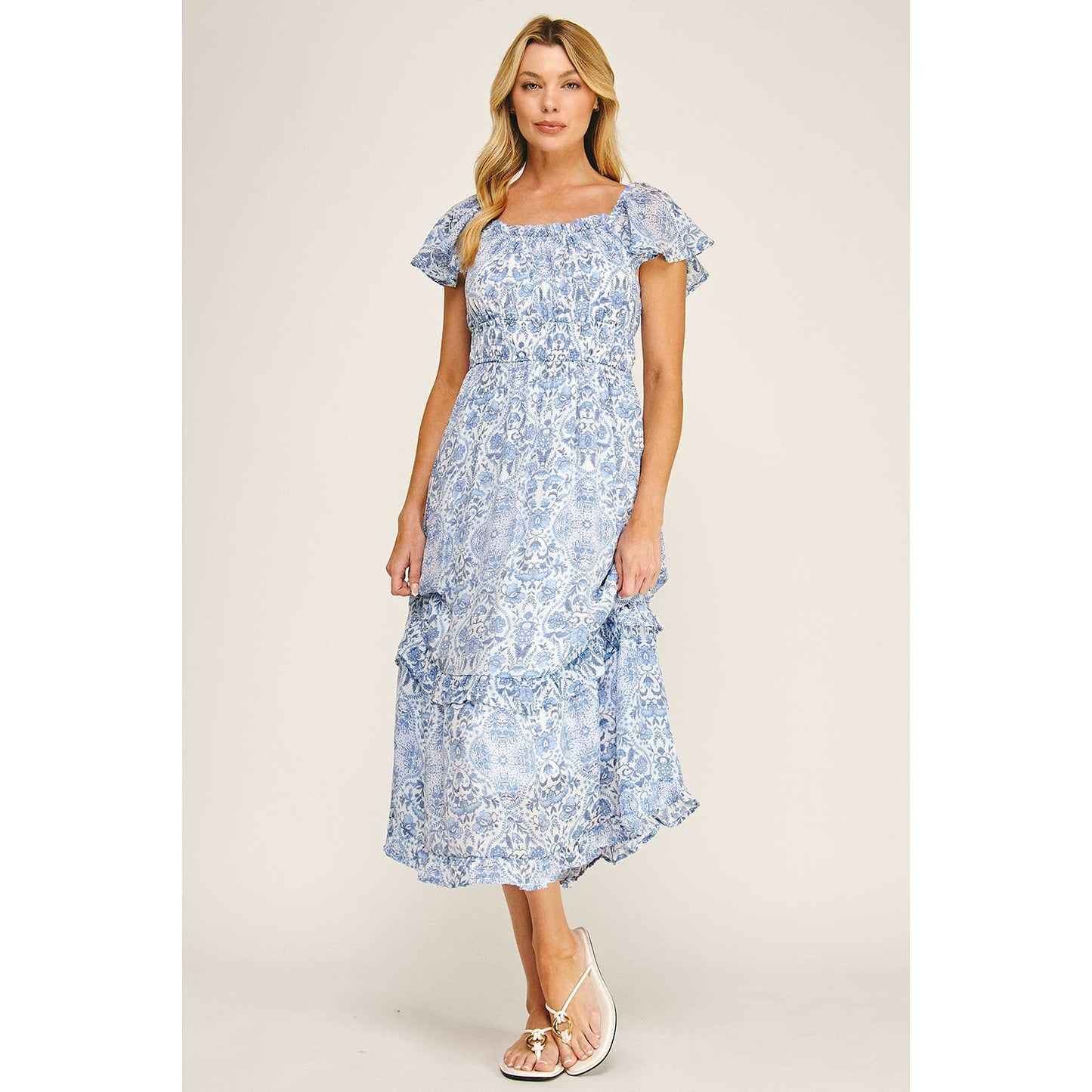 FLUTTER SLEEVE FLORAL TIERED MIDI DRESS: I/P/O / M