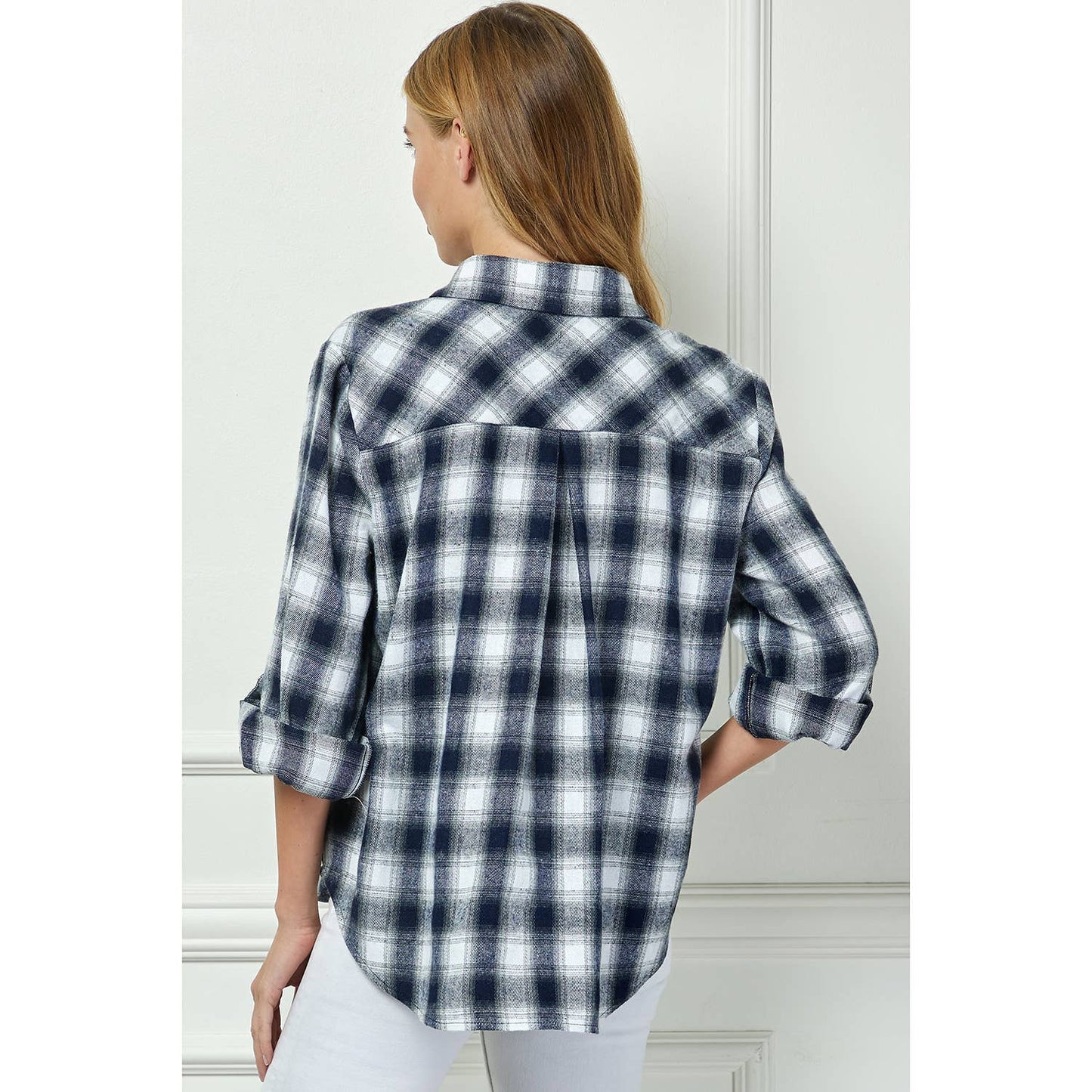 PLAID FLANNEL ROLL SLEEVES  COLLAR NECK SHIRTS: IV/NY / S