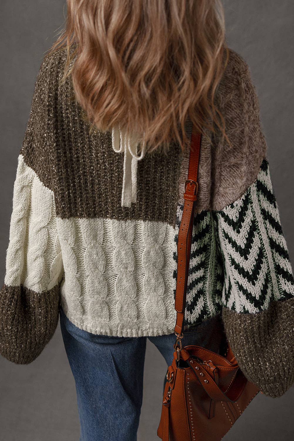 Brown Plus Size Color Block Patchwork Knotted Back Loose Fit Sweater: Brown / 100%Polyester / 1X
