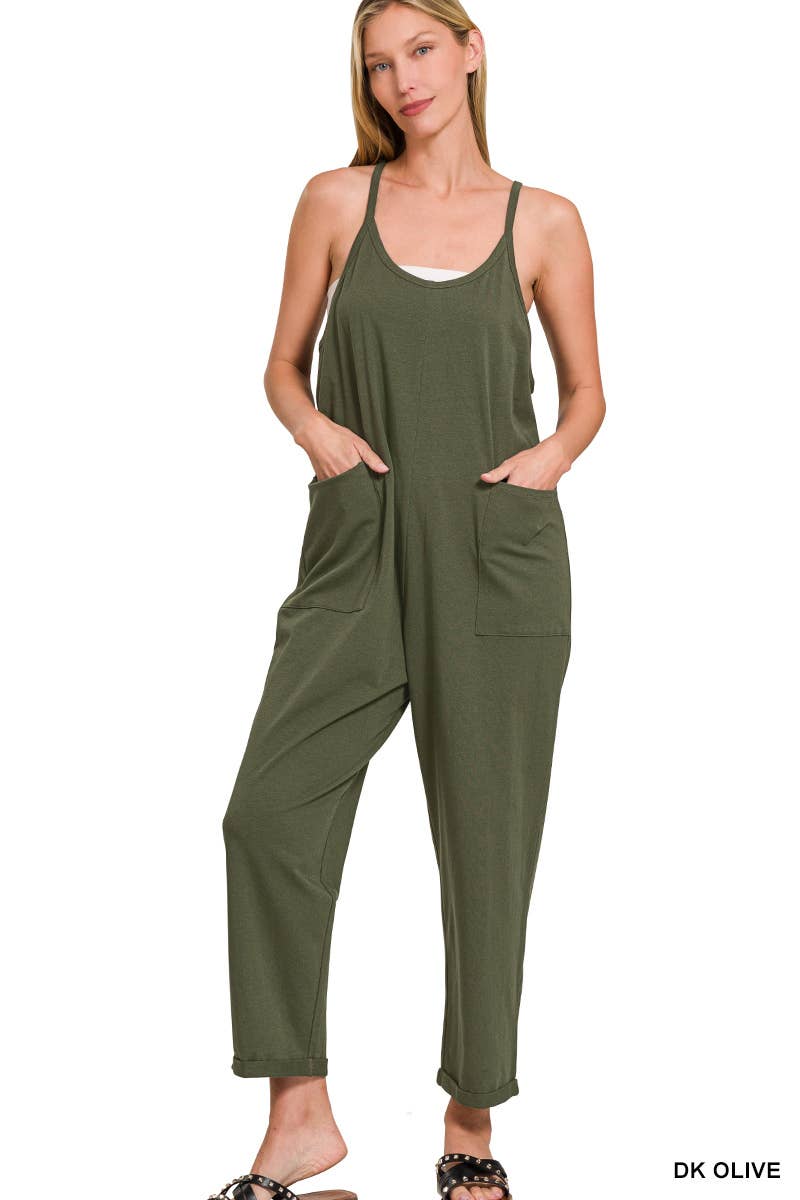 Spaghetti Strap Pocketed Jumpsuit: H LT TEAL]
