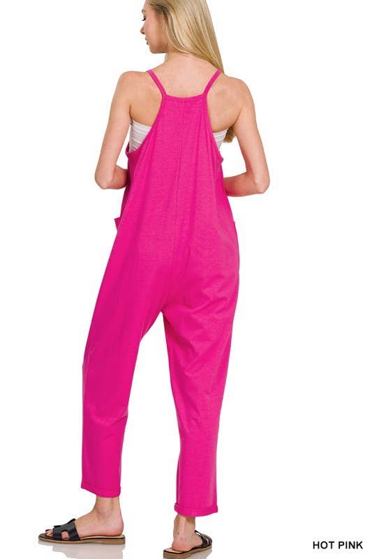 Spaghetti Strap Pocketed Jumpsuit: H LT TEAL]