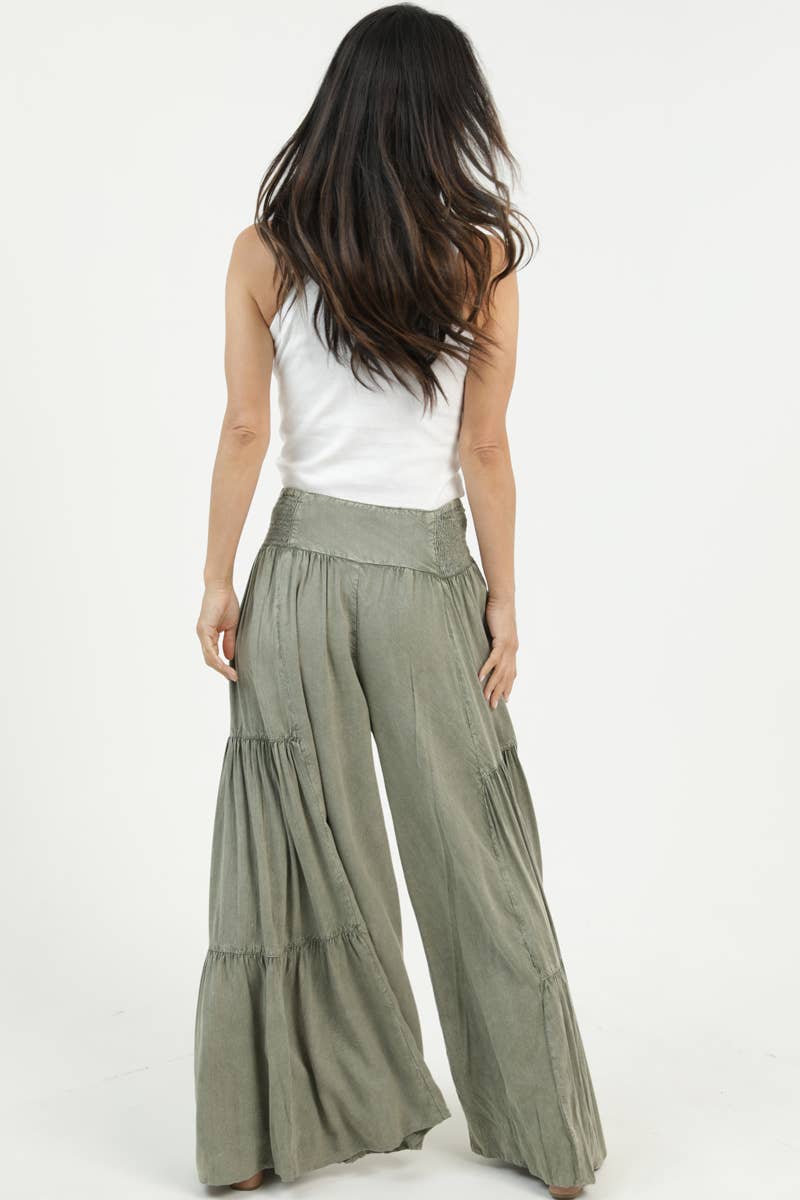 S ACID WASH TIERED WIDE LEG PANTS: CHOCOLATE / S