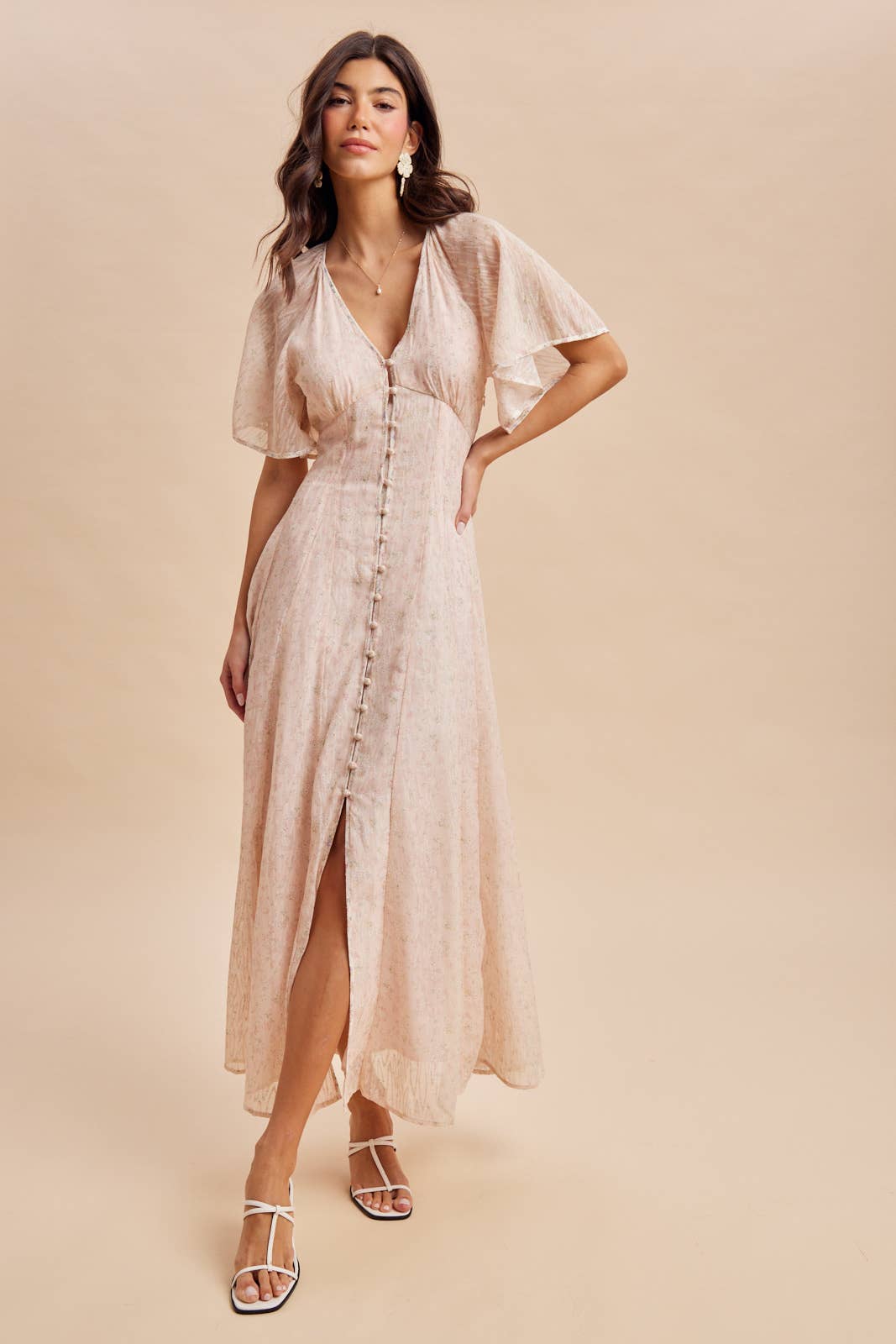 FLOWY FLUTTER SLEEVE BUTTON DOWN MAXI DRESS: DUSTY PINK / S