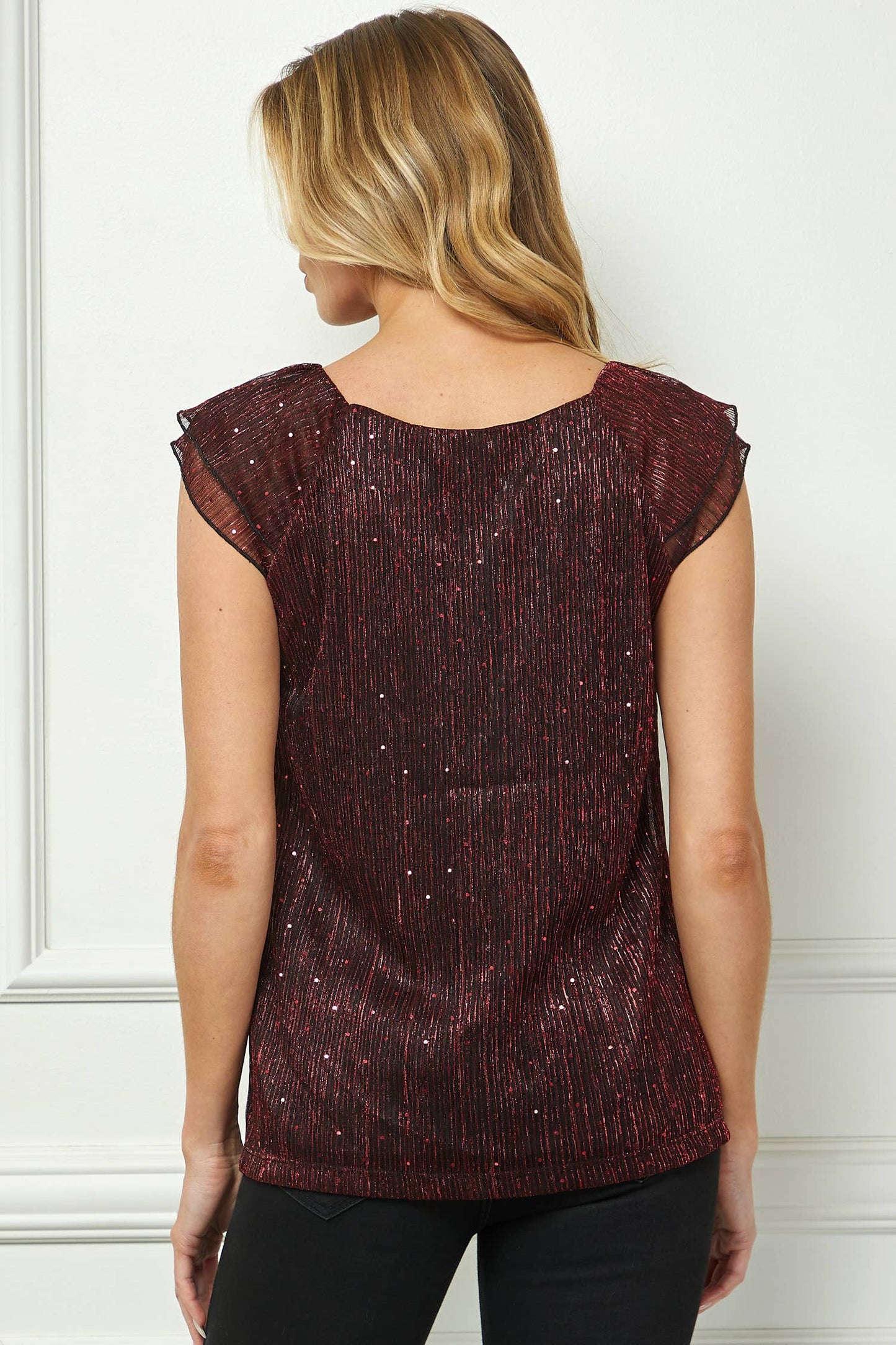 MOONLIGHT GLEAM PLEATED FLUTTER BLOUSE  : Red/Black/Red / XL