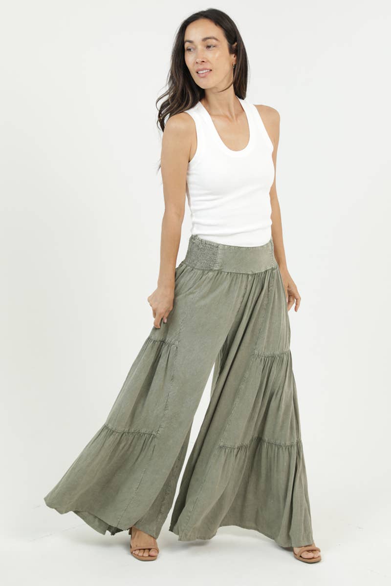 M ACID WASH TIERED WIDE LEG PANTS: CHOCOLATE / M