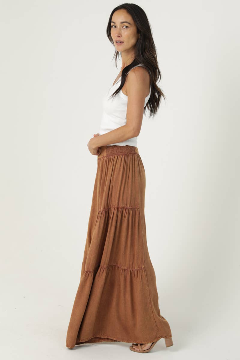L ACID WASH TIERED WIDE LEG PANTS: CHOCOLATE / L