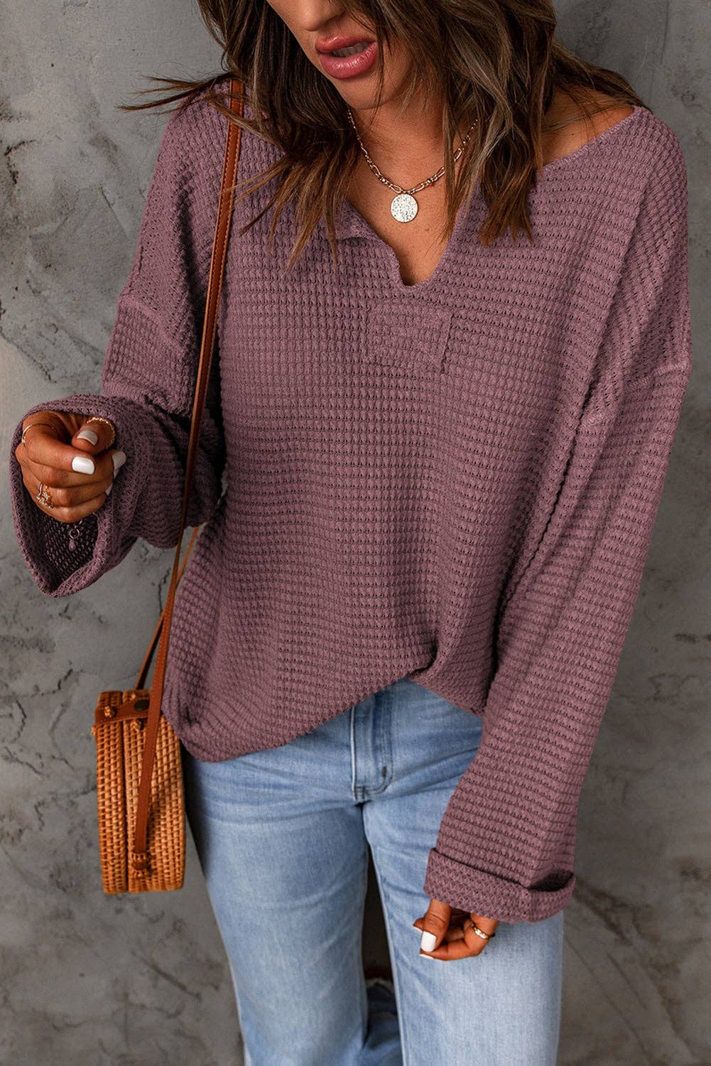 Purple Waffle Knit Loose Long Sleeve Top: Purple / 95%Polyester+5%Elastane / L