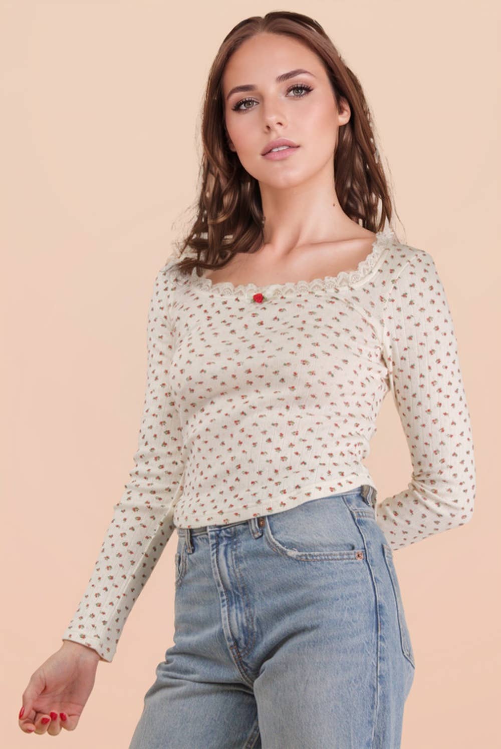 NT12410-Printed Fitted Casual Knit Top: CREAM FLORAL / S-M-L/2-2-2