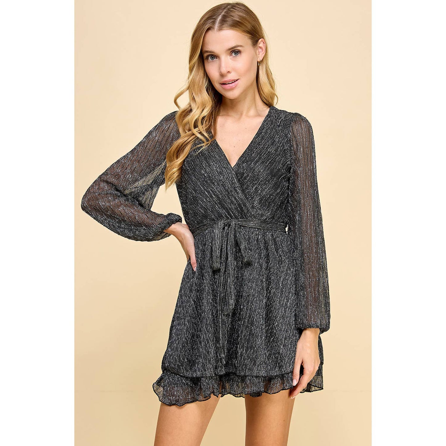 LONG SLEEVE DOUBLE TIER MOONLIGHT DRESS A5890U687: Silver / S