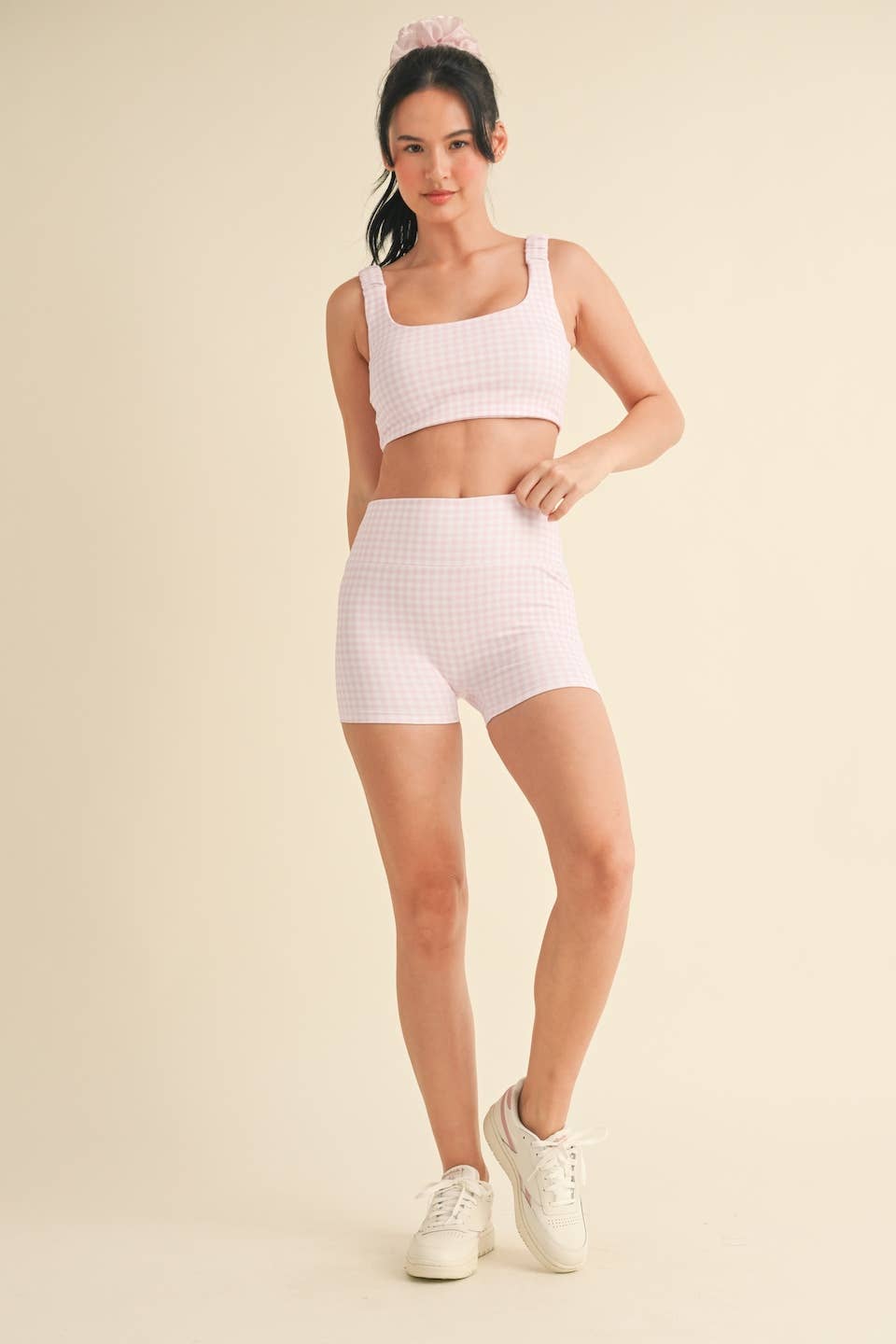 Gingham Print Ruched Bra Top: Pink Gingham / S