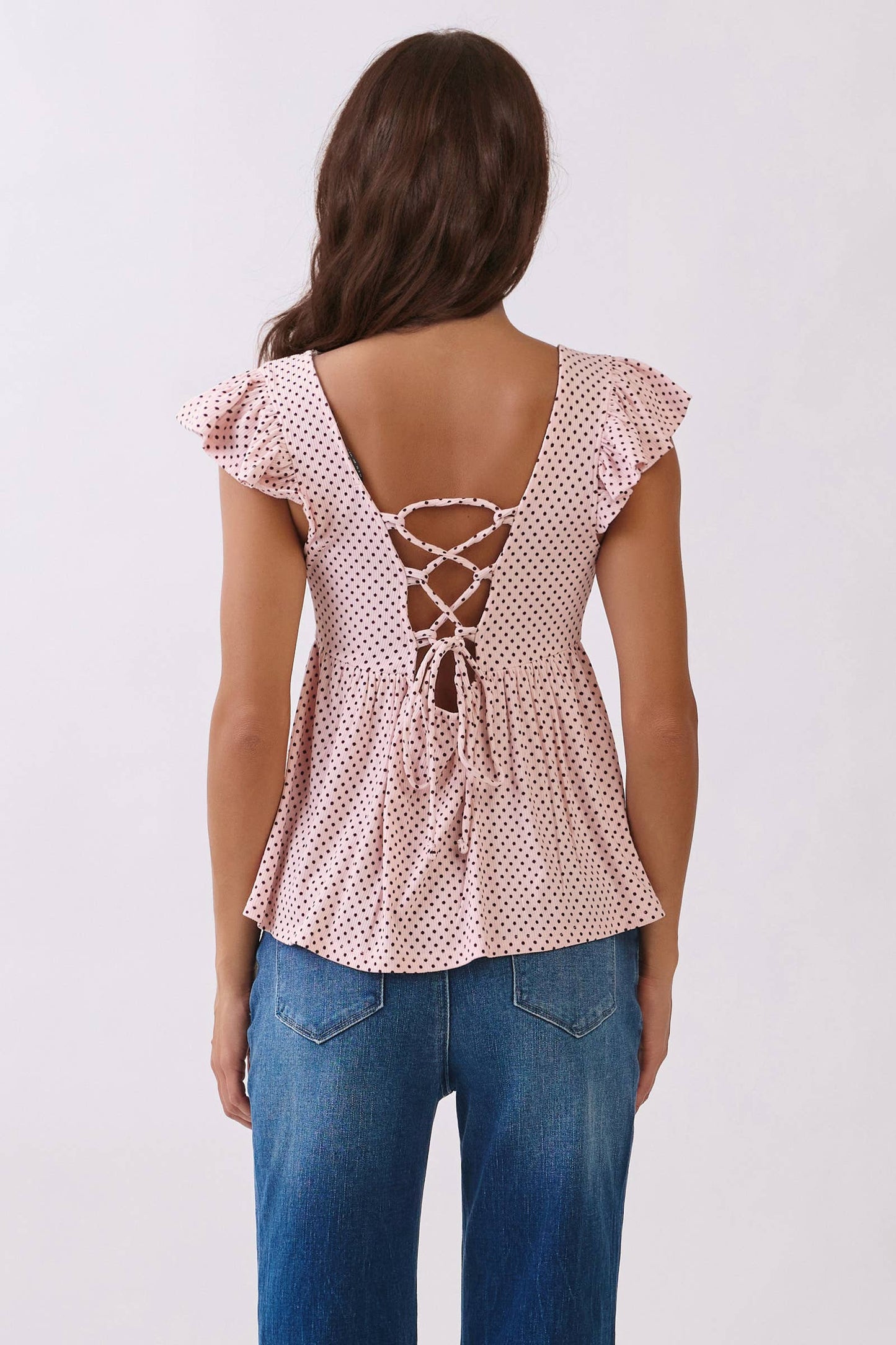 RT57069BP - PRINTED PEPLUM TOP WITH TIE BACK DETAIL: NAVAL ACADEMY/WHT POLKA DOT / S-M-L/2-2-2