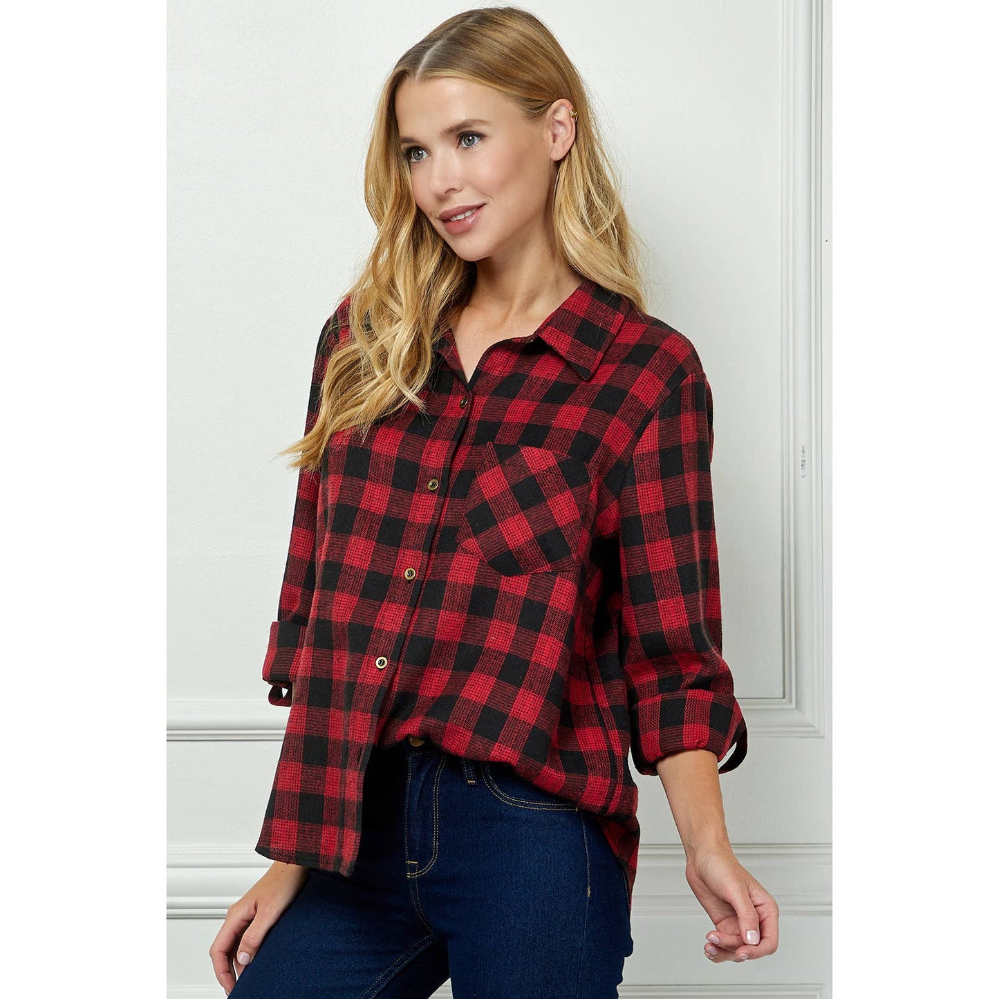 PLAID FLANNEL ROLL SLEEVES  COLLAR NECK SHIRTS : BK/RD / S