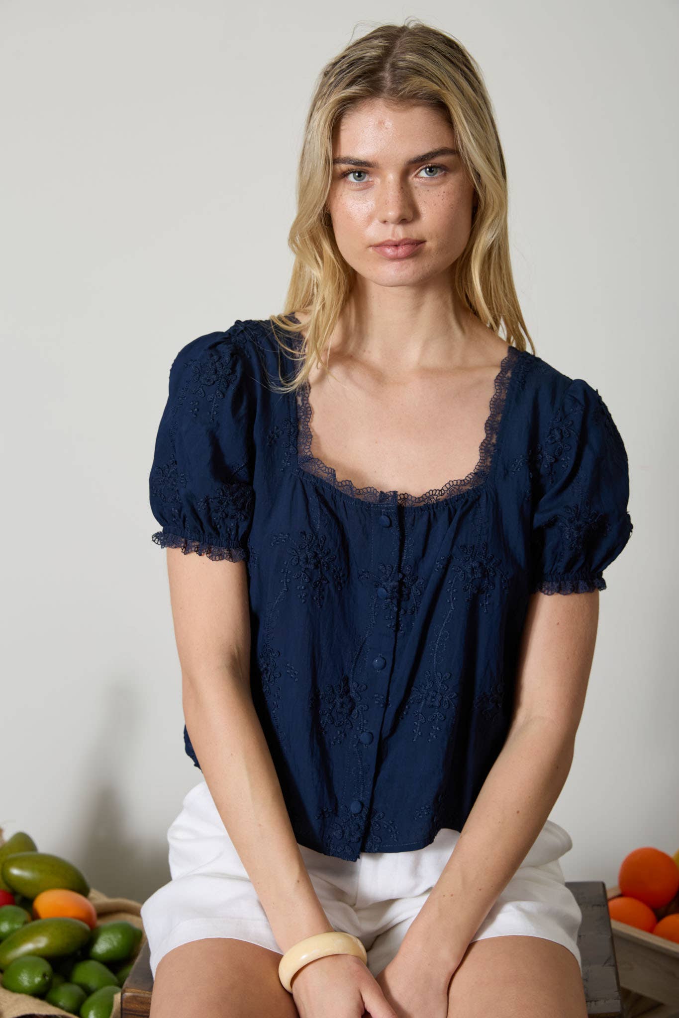 FLORAL EMBROIDERY LACE TRIM PUFF SLEEVE TOP: DUSTY MINT