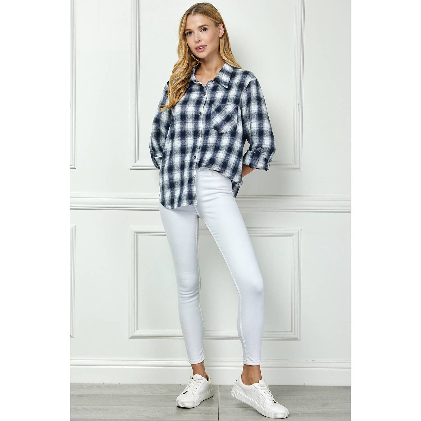 PLAID FLANNEL ROLL SLEEVES  COLLAR NECK SHIRTS: IV/NY / L