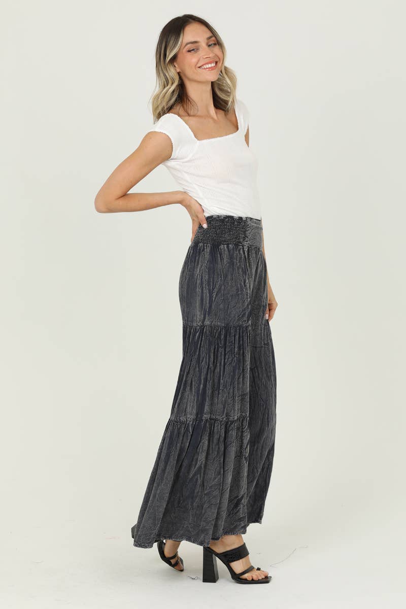 XL ACID WASH TIERED WIDE LEG PANTS: CHOCOLATE / XL