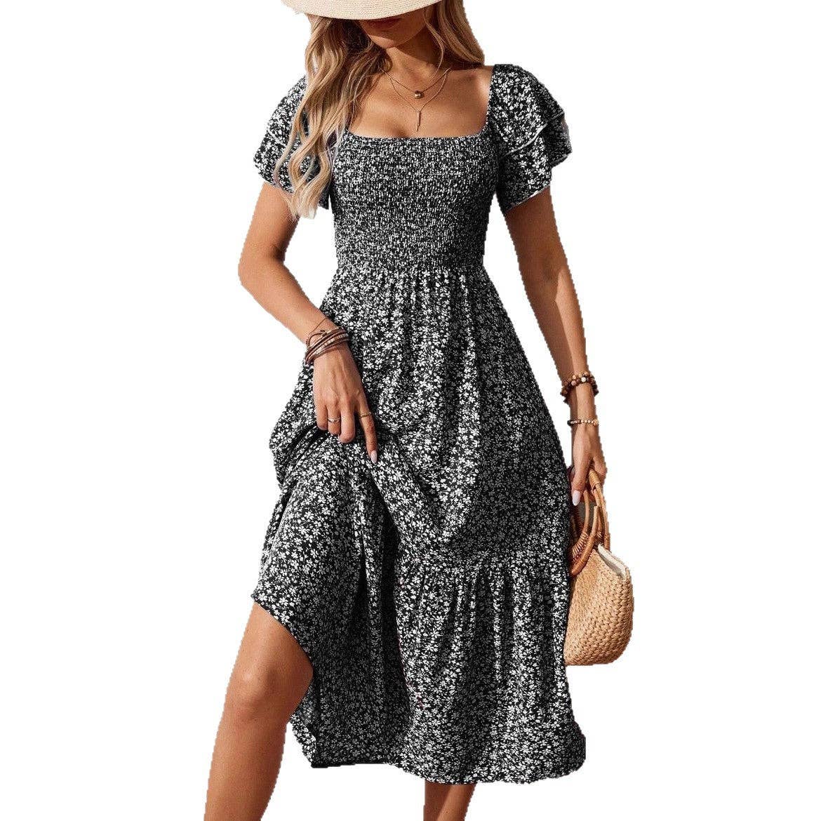 Floral Square Neck Smocked Short Sleeve Maxi Summer Dress: Purple / 100%Polyester / XL