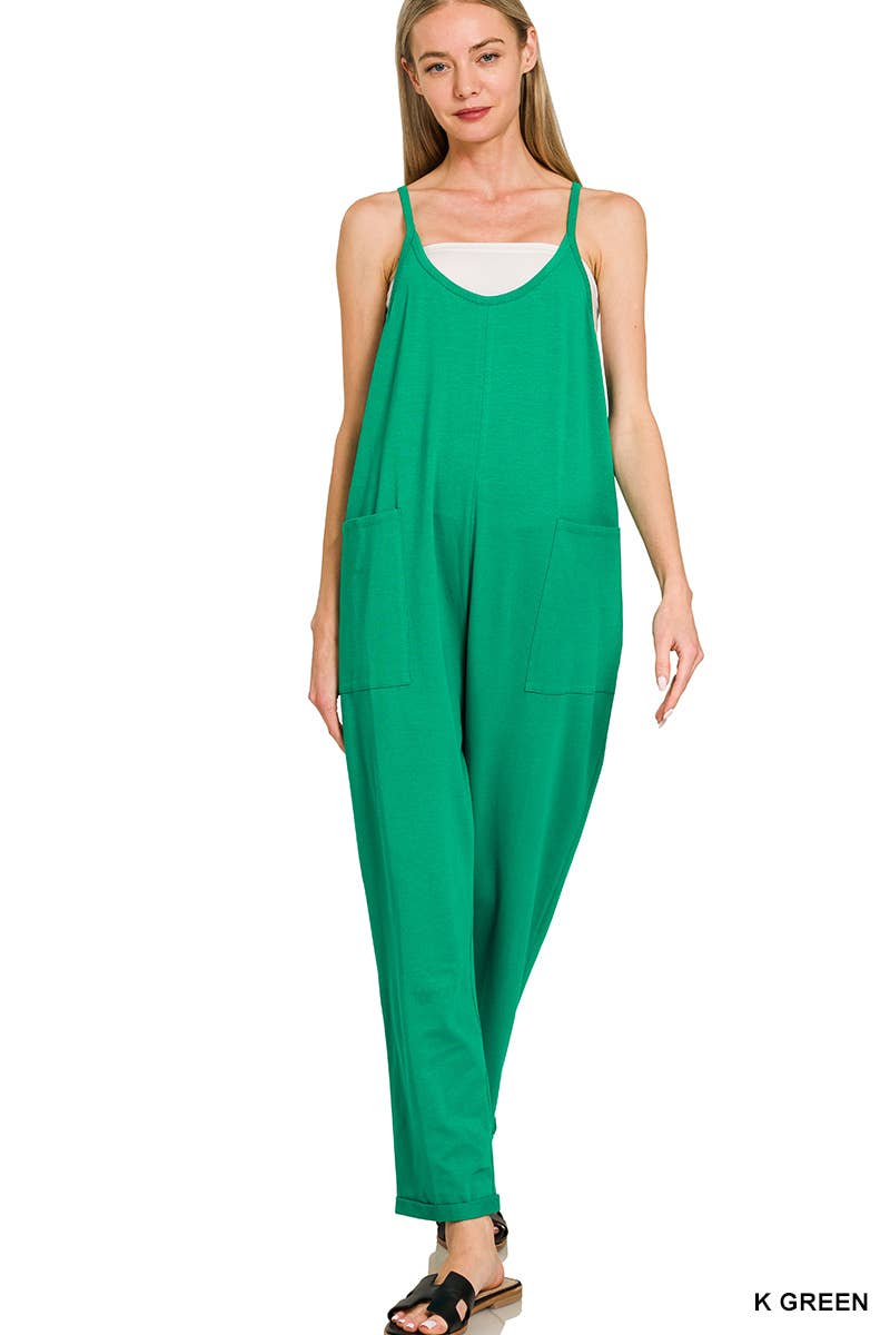 Spaghetti Strap Pocketed Jumpsuit: H LT TEAL]
