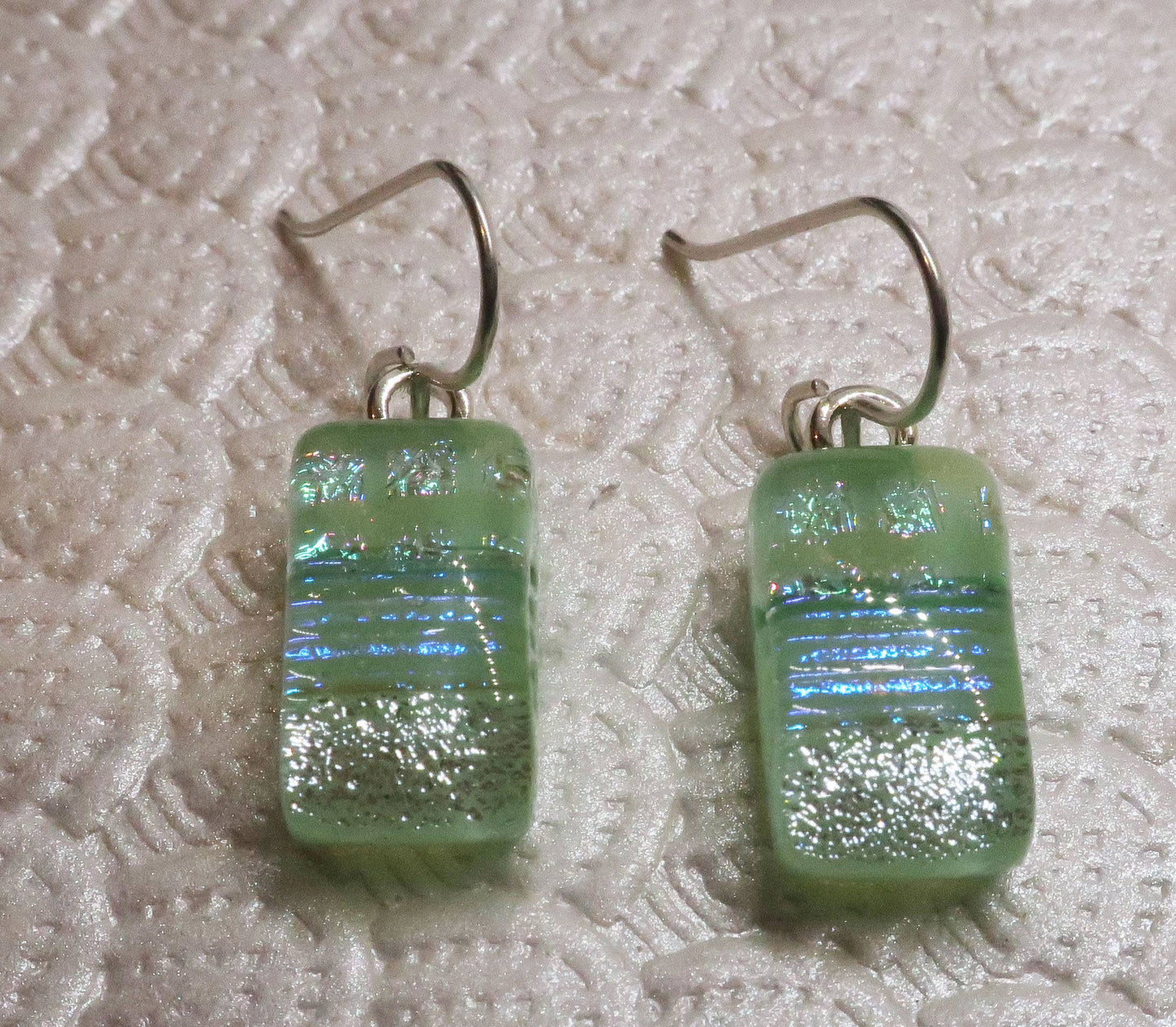 Sterling Silver dichroic glass LT Green dangle earrings #452