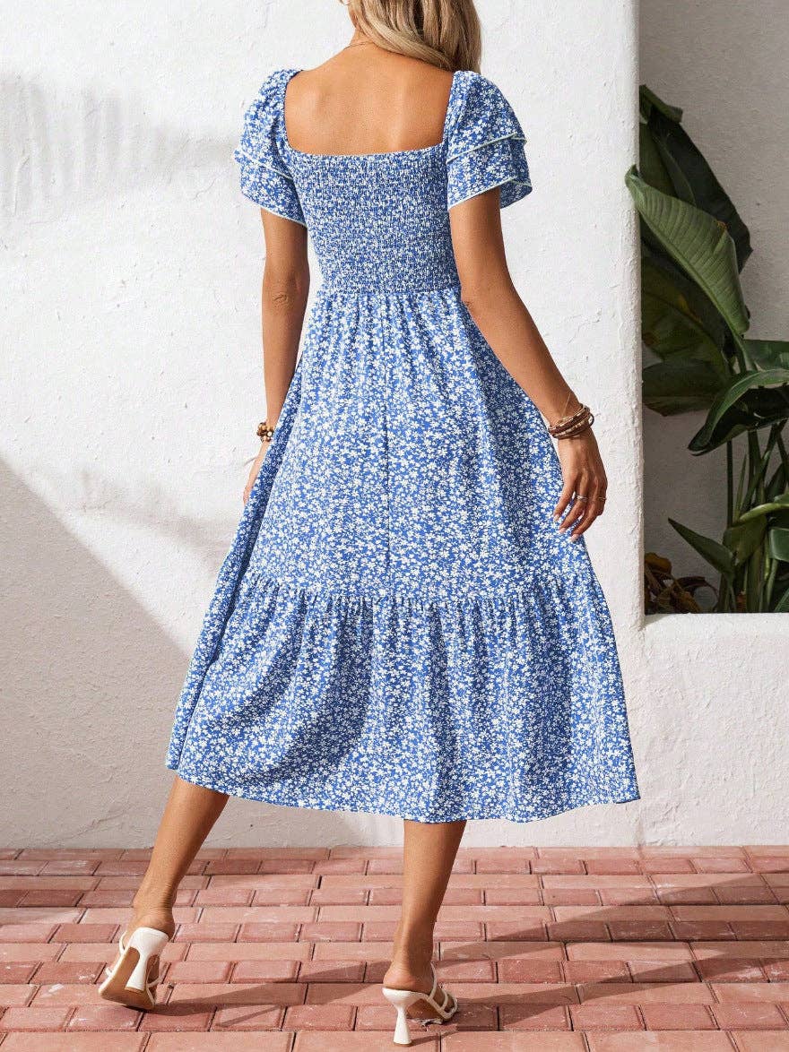 Floral Square Neck Smocked Short Sleeve Maxi Summer Dress: Purple / 100%Polyester / XL