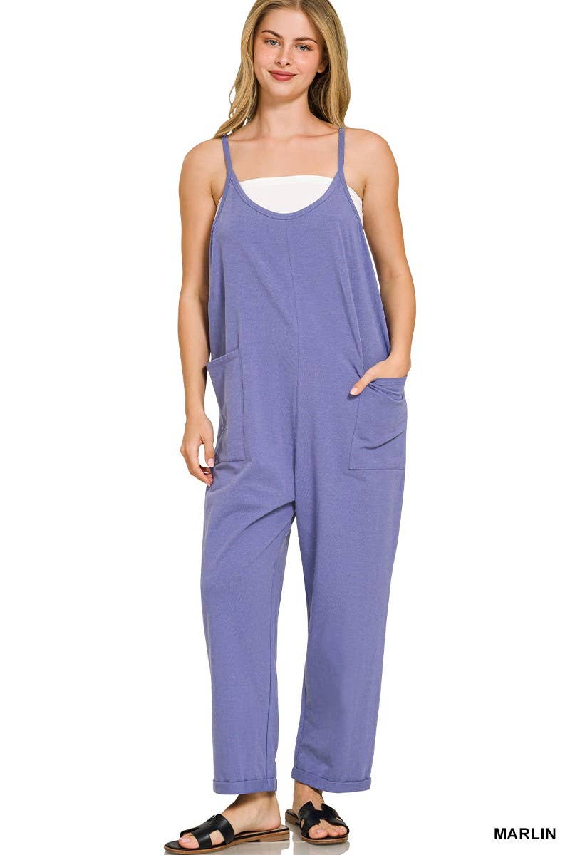 Spaghetti Strap Pocketed Jumpsuit: H LT TEAL]