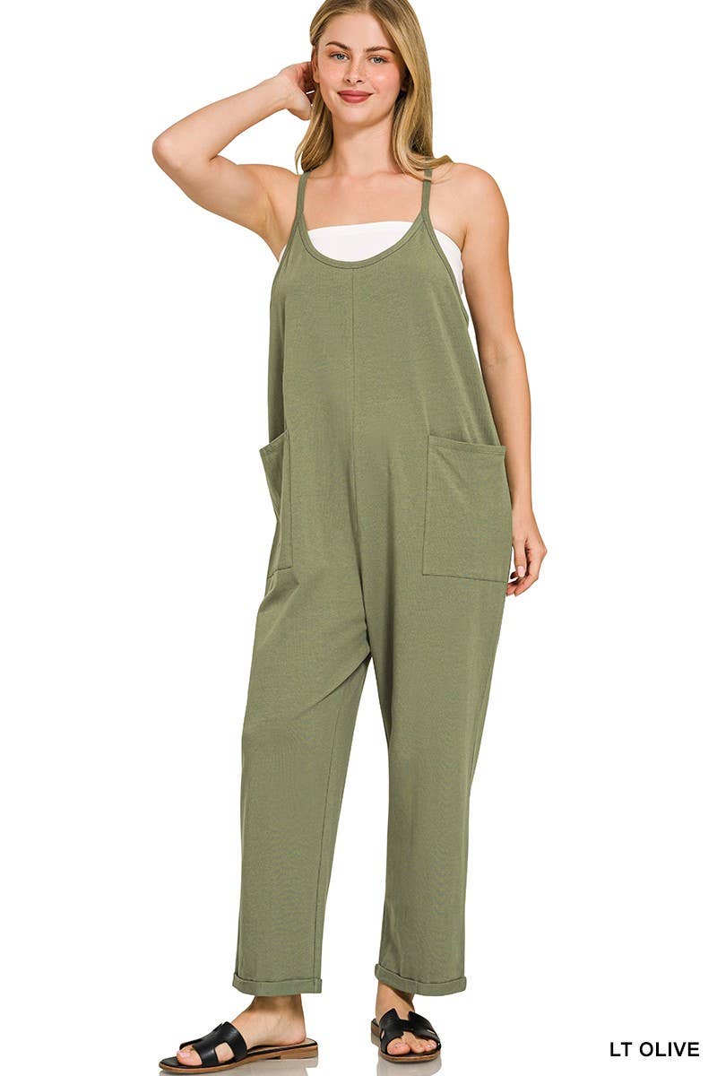 Spaghetti Strap Pocketed Jumpsuit: H LT TEAL]