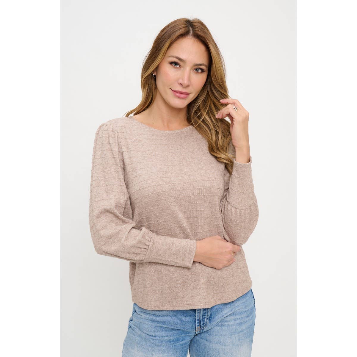BIG CUFF POINTELLE RIBBED LONG SLEEVE TOP: Oat Mocha / S