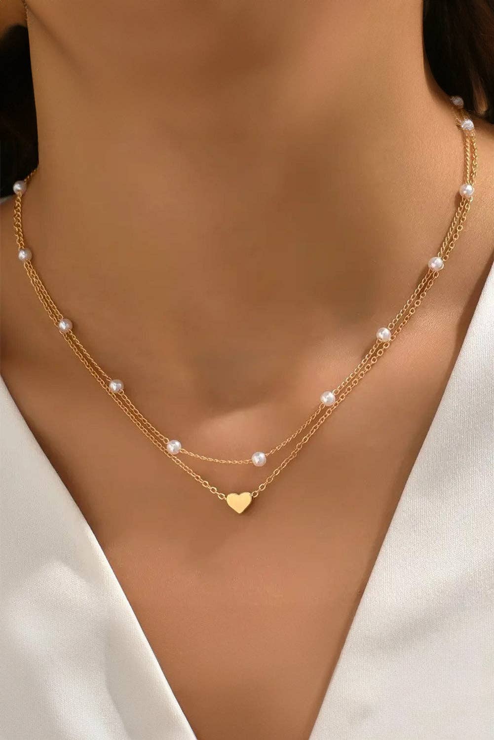 Gold Plated Heart and Pearl Detail 2pcs Layered Necklace: Gold / 100%Alloy / ONE SIZE