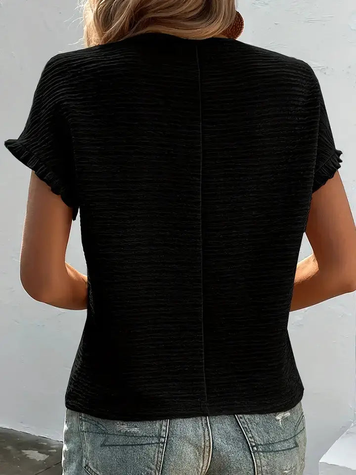 Black Textured Ruffled Short Sleeve Blouse: Light Pink / 95%Polyester+5%Elastane / XL