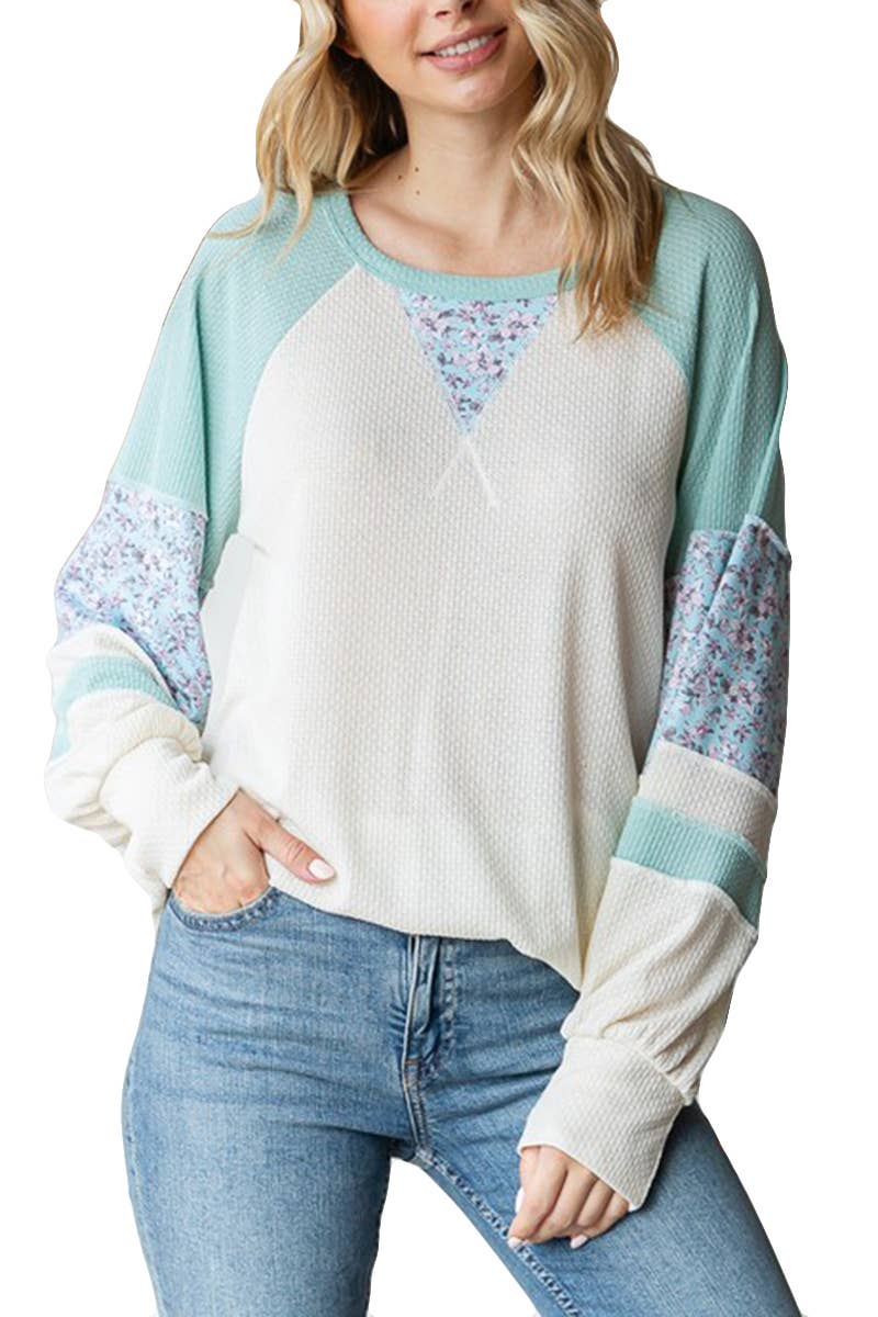 Floral Contrast Raglan Sleeve Pullover Top: MINT / 2-2-2-2 (S-M-L-XL)