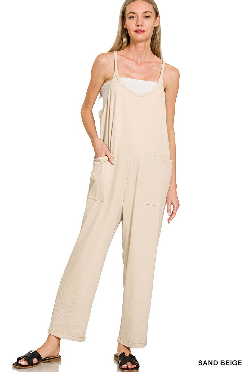 Spaghetti Strap Pocketed Jumpsuit: H LT TEAL]