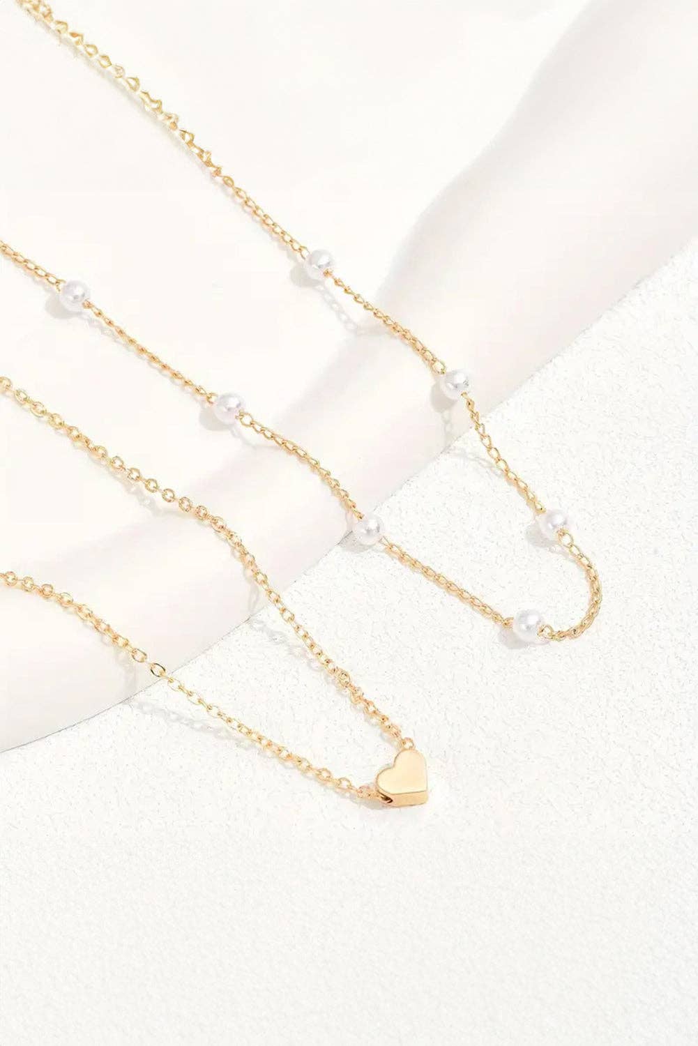 Gold Plated Heart and Pearl Detail 2pcs Layered Necklace: Gold / 100%Alloy / ONE SIZE