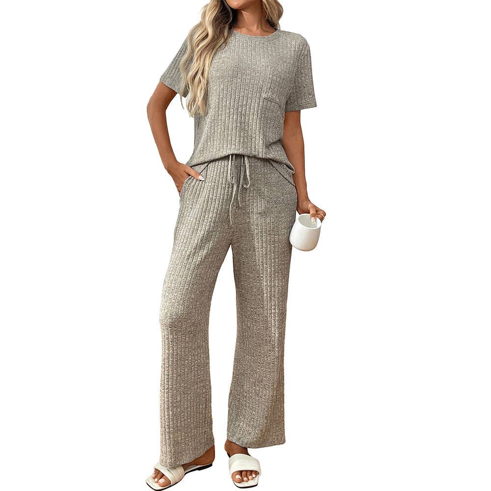 Short Sleeve Ribbed Knit Lounge Set with Drawstring Pants: Burgundy / S