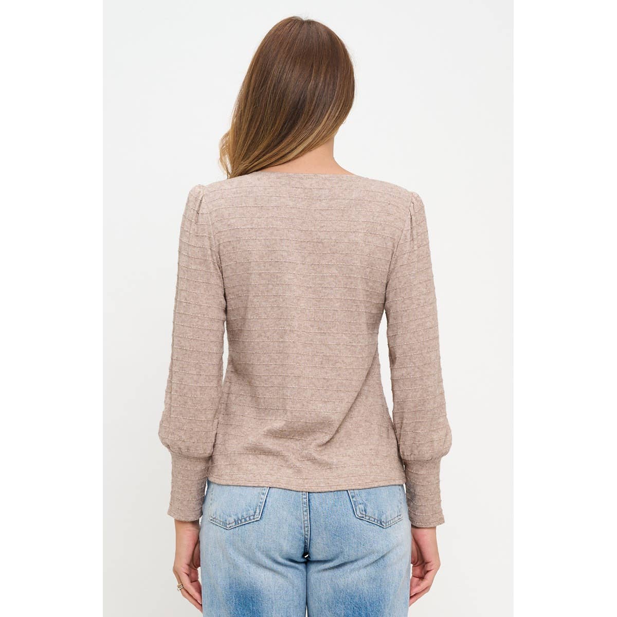 BIG CUFF POINTELLE RIBBED LONG SLEEVE TOP: Oat Mocha / L