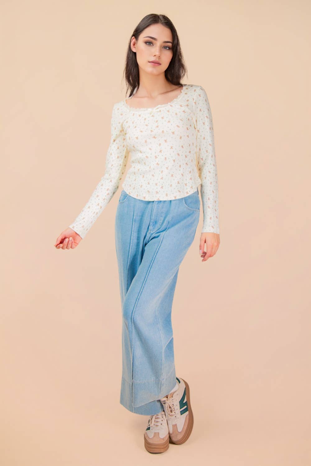 NT12410-Printed Fitted Casual Knit Top: CREAM FLORAL / S-M-L/2-2-2