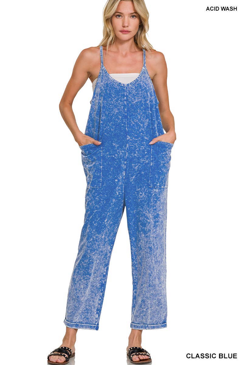 Washed Spaghetti Straps Overalls With Pockets: B LAVENDER