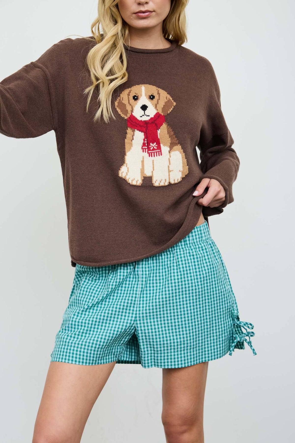 PUPPY MOTIF CREW NECK KNIT PULLOVER: CHOCOLATE BROWN
