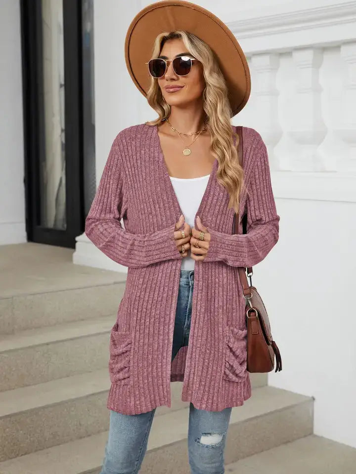 Solid Knit Long Sleeve Pocket Open Front Cardigan: Khaki / 65%Rayon +30%Polyester+ 5%Spandex / 2XL