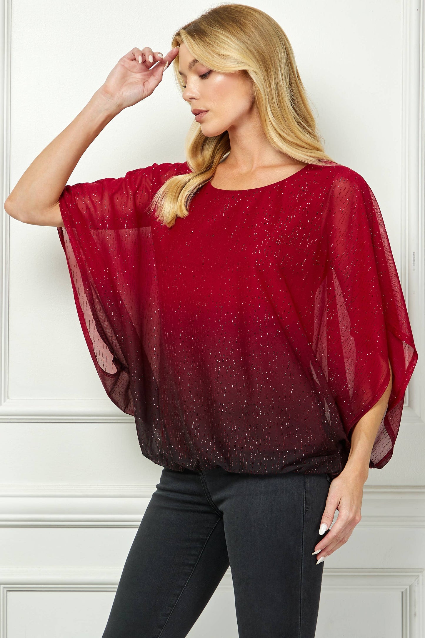 LUMINOUS GRACE DOLMAN BUBBLE BLOUSE: Stone/Black/Rose / S