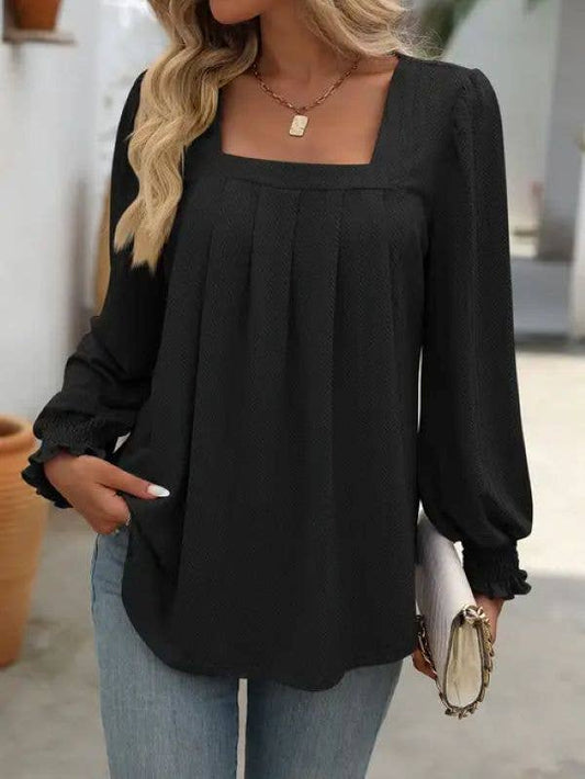 Trendy Square Neck Pleated Long Sleeve Top: Black / 95%polyester+5%spandex / XL
